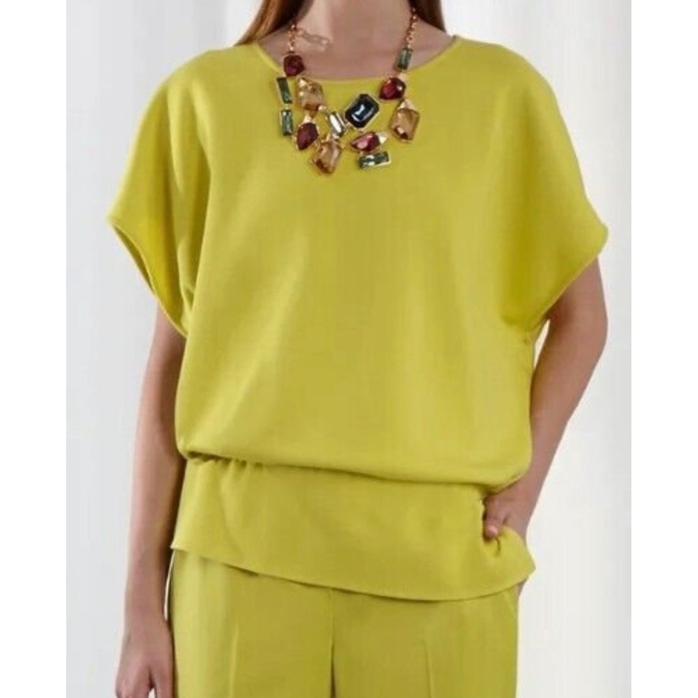 ST. John Top Sweater Women‎ Medium Chartreuse Yellow Cinch Waist Quiet Luxury